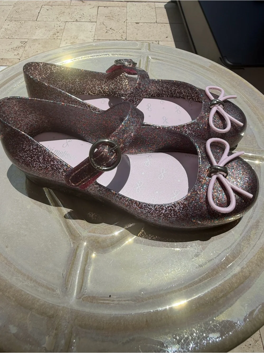 Mini Melissa Girls' Glitter Mary Jane Ballet Flats with Pink Bow girl size 12